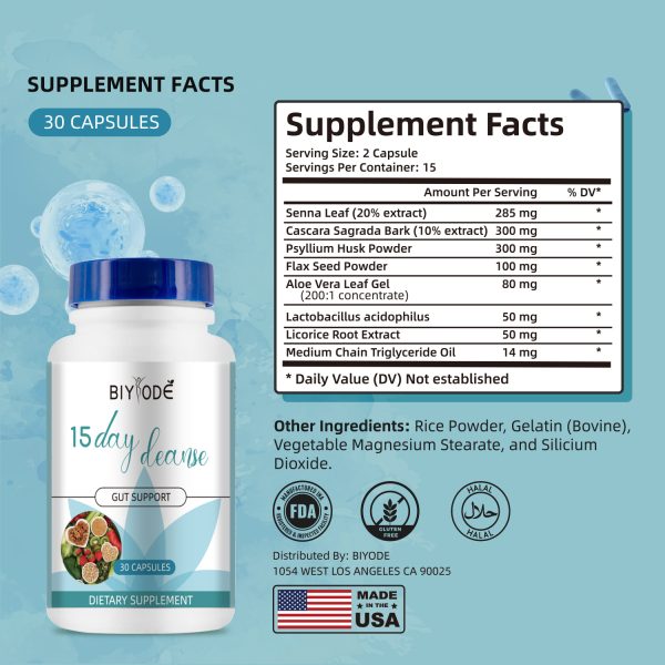 BIYODE -15-Day Cleanse: Gut & Colon Support | Caffeine-Free | Advanced Triple Botanical Formula (Senna, Cascara Sagrada, Psyllium Husk) | Non-GMO | 30 Capsule - Image 3