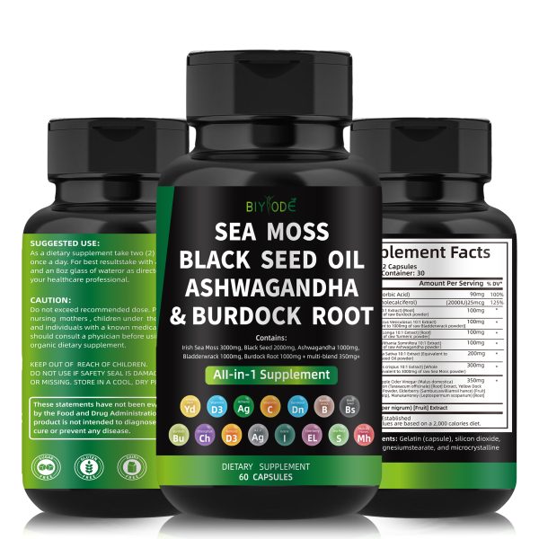 BIYODE Sea Moss Black Seed Oil Ashwagandha Ginger, Organic Sea Moss Capsules with Burdock Root, Irish Seamoss Pills with Bladderwrack, Turmeric, Shilajit, Multimineral Supplement, USA - Image 2