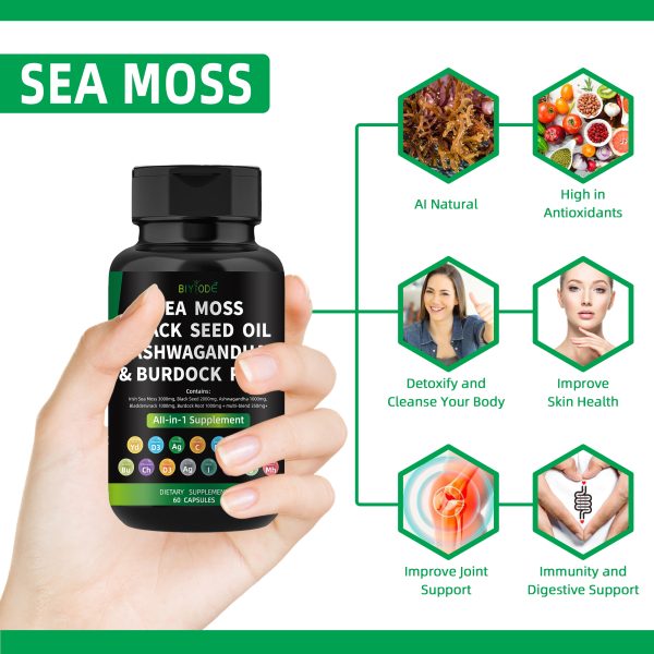 BIYODE Sea Moss Black Seed Oil Ashwagandha Ginger, Organic Sea Moss Capsules with Burdock Root, Irish Seamoss Pills with Bladderwrack, Turmeric, Shilajit, Multimineral Supplement, USA - Image 6