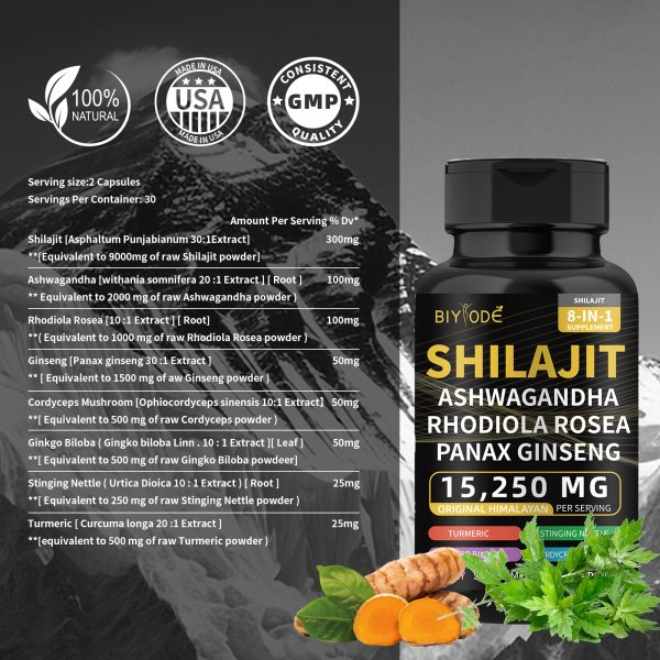 BIYODE Shilajit Supplement-All-in-One MultivitaminEnergy Booster with Ashwagandha & 7+ ExtraStrength Ingredients for Men/Women -60Nutrition Capsules - Image 4